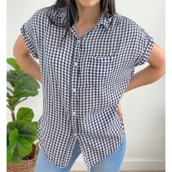 American Eagle Black Gingham Checkered Short Sleeves Button Down Shirt Small - Picture 3 of 15